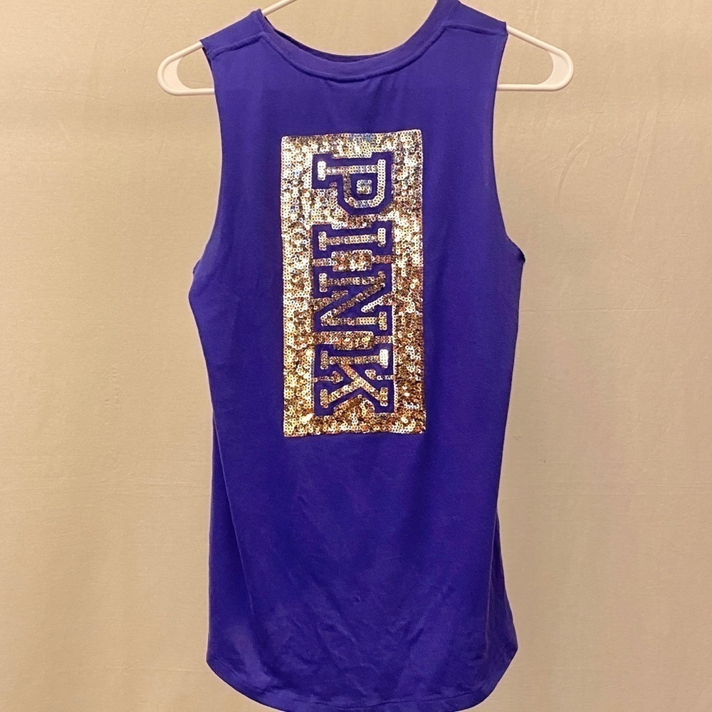 PINK Victoria’s Secret Size Small Purple Sequins Logo Tank Top, Raw Underarm Hem - Picture 8 of 8
